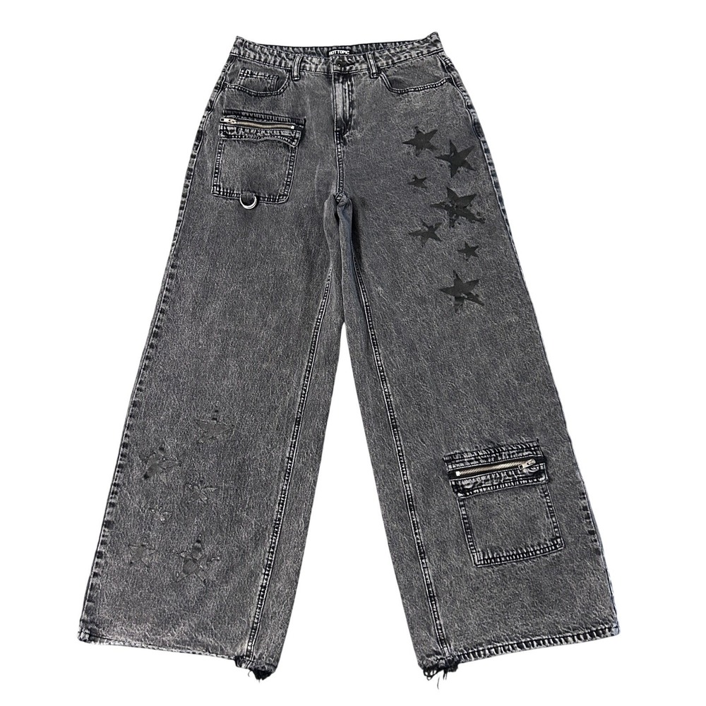 Hot Topic Wide Leg Cargo Jeans Womens 11 Star Print Utility Distressed 30x30